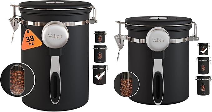 Veken Coffee Canister with Window, Airtight Stainless Steel Kitchen Food Storage Container with Date Tracker and Scoop for Grounds Coffee, Beans, Tea, Flour, Cereal, Sugar, 38&16OZ,Black