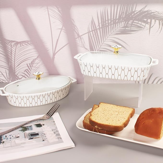 10" x 7" Ceramic Casserole Dish with Glass Lid, 1.3 QT Serving Soup Tureen,Chafing Dish for Buffet, Family Food preserve Tray, Catering Casserole for Party Style