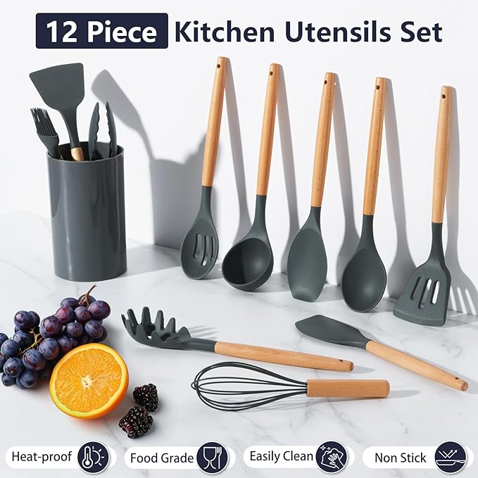 P&P CHEF Silicone Cooking Utensils Set, 12PCS Kitchen Utensils Set with Wooden Handle for Nonstick Cookware, Ladle, Spoon, Spatula, Tong, Heat-resistant & Non-scratch, Non Smell & Healthy, Gray
