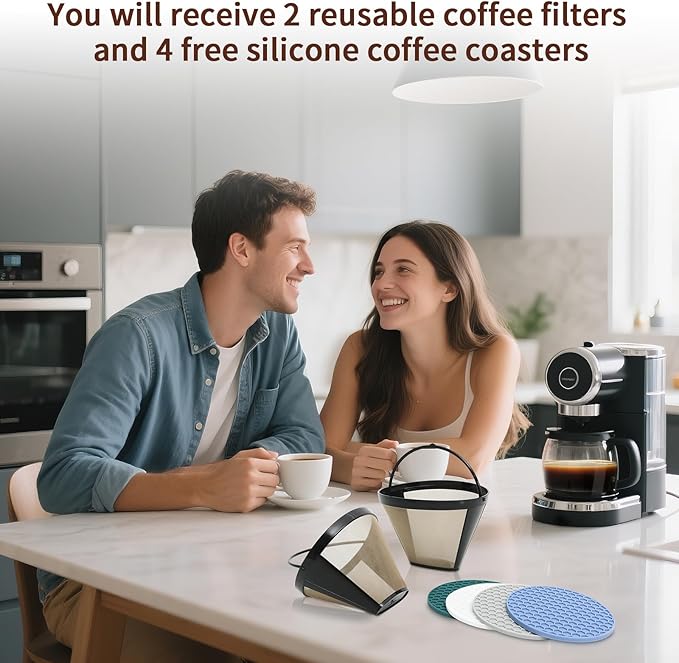 2pcs Reusable Cone Coffee Filters for Cuisinart Coffee Makers+ 4 Silicone Coasters,Compatible Ninja coffee filter, 10-12 Cup, #4 Style Gold coffee filter basket