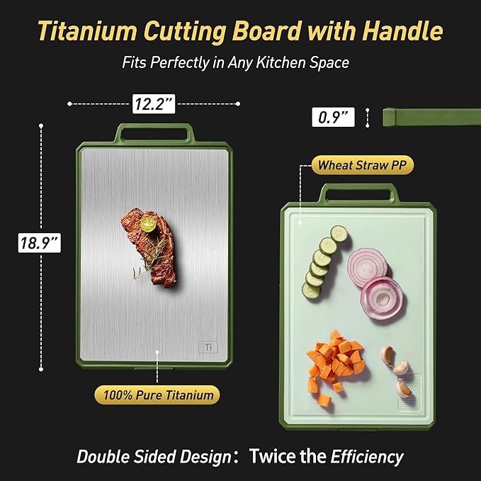 Titanium Cutting Boards for Kitchen Chopping Board with Handle Large Big Small Kitchen Meat Butcher Block Double Sided Pure Titanium and Wheat Straw PP Not Wood Bamboo Plastic Teak Morandi Green
