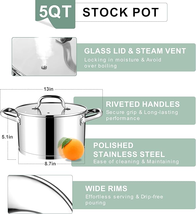 E-far Stainless Steel Stockpot, 5 Quart Pot with Glass Lid for Soup Pasta, Induction Nontoxic Cooking Pot for All Stoves, Thick Tri-Ply Bottom & Double Riveted Handle, Oven & Dishwasher Safe