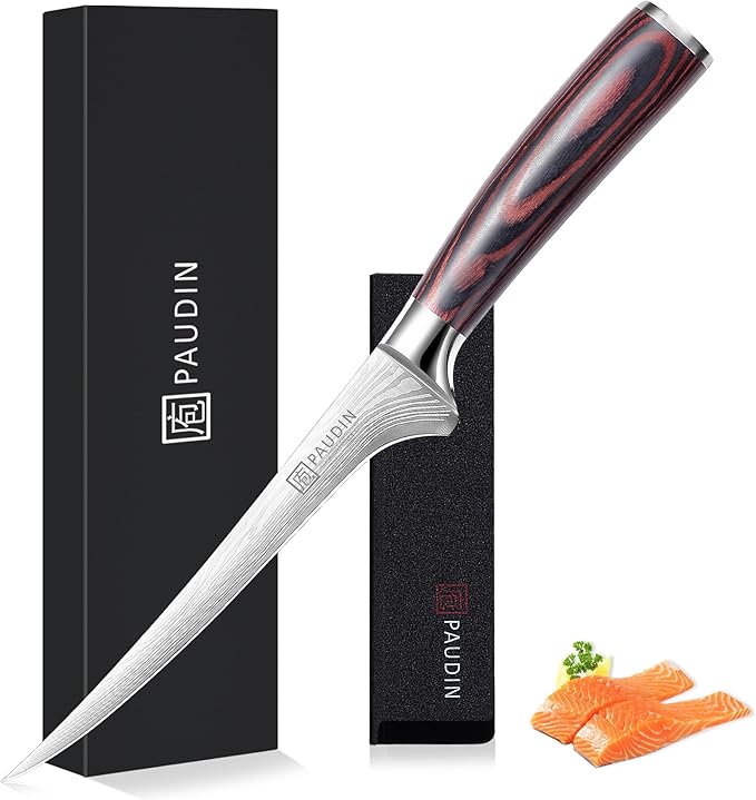 PAUDIN Fillet Knife 7 Inch, Professional Filet Knife for Fish with Sheath, Razor Sharp Boning Knives for Meat Cutting with Ergonomic Pakkawood Handle, Gift Box