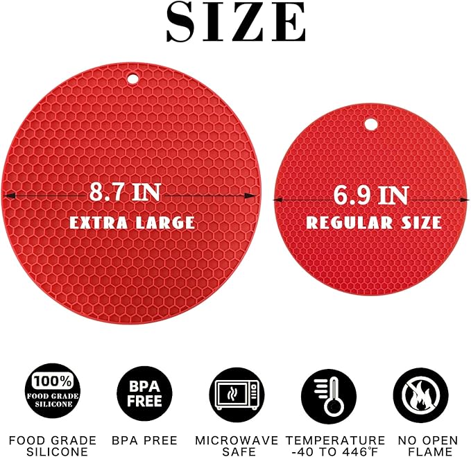 Silicone Trivets for Hot Pots and Pans - 4PCS Heat Resistant Oversized Silicone Pot Holders Hot Pads for Kitchen, Multipurpose Round Trivet Mat, Spoon Holder & Jar Opener, Drying Mat(Red)