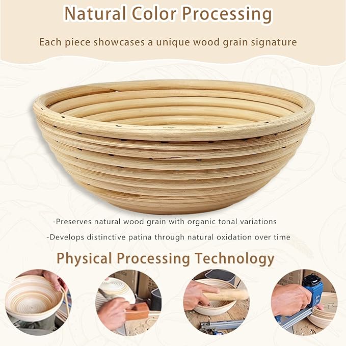 Natural Unbleached Banneton, Sourdough Bread Proofing Basket Kit, 2x 9 Inch Round Basket with BreadMaking Baking Supplies Tools, Banneton Basket Gift Set - Primary Color