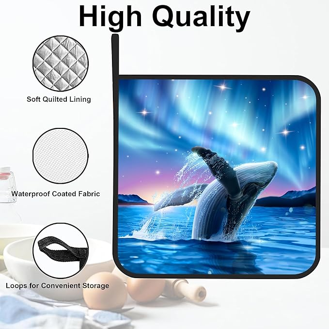 Whale with Aurora on Starry Pot Holders 2 PCS for Kitchen, Heat Resistant Hot Pads for Cooking Grilling Baking BBQ, Pot Holders for Women Cook Essentials Accessories Home Microwave