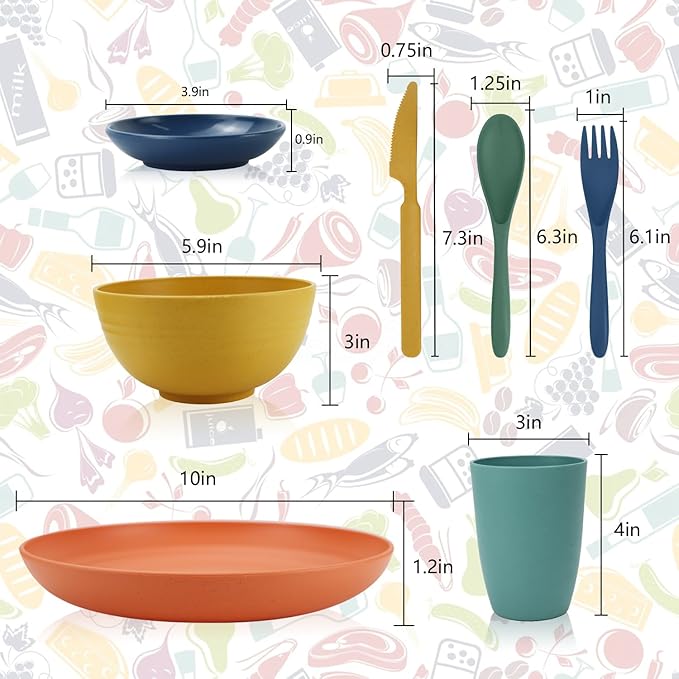 Wheat straw plates and bowls sets with cutlery - Unbreakable wheat straw dinnerware sets of 28 - Microwave safe plates,bowls,cups for camping,kitchen,new apartment.Colorful