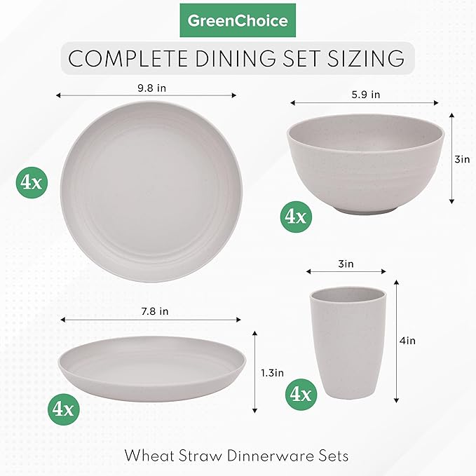 Wheat Straw Dinnerware Sets for 4 - GreenChoice Lightweight & Unbreakable Dishes Microwave & Dishwasher Safe Perfect for Camping, Picnic, RV, Dorm Plates, Cups and Bowls (Gray)