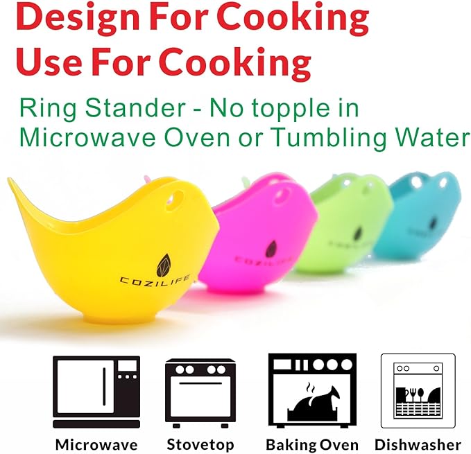 Egg Poacher – COZILIFE Silicone Egg Poaching Cups with Ring Standers, For Microwave or Stovetop Egg Cooking, Kraft Box Packing, BPA Free, Pack of 4