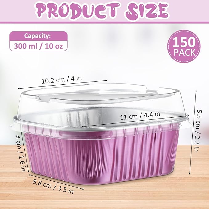 Aoriher 150 Pieces 10 oz Mini Cake Pans with Lids Aluminum Foil Baking Cups Square Disposable 4" x 4" Large Cupcake Cups Baking Tins for Kitchen Brownie Pudding Desserts Holders(Rose Red)