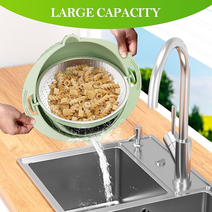 4-1 Colander with Bowl Set - Strainers for Kitchen, Food Strainers and Colanders, Pasta Strainer, Rice Strainer, Fruit Cleaner, Veggie Wash, Salad Spinner, Aesthetic Kitchen Essentials - Green
