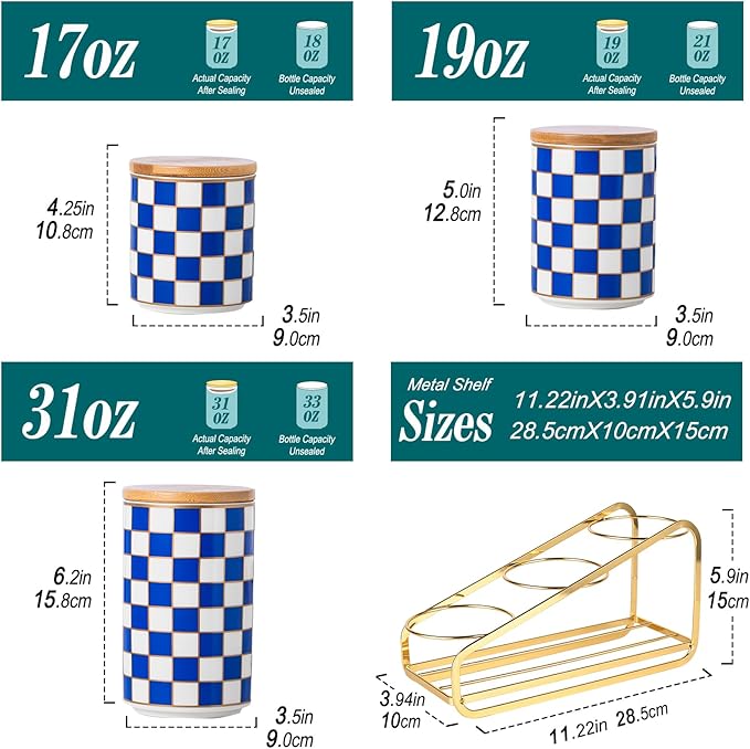 Kitchen countertop ceramic grid pattern airtight jar set - a set of 3 kitchen jars with layered shelves, sealed countertop flour and sugar containers, coffee and tea storage (Blue)