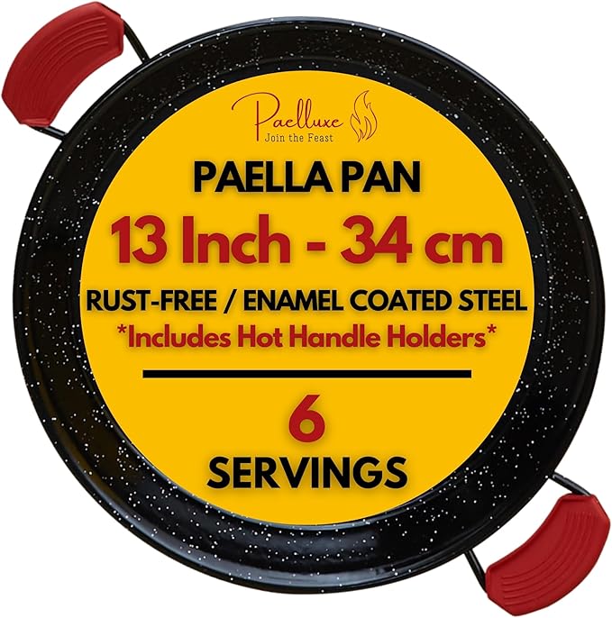 Paella Pan – Enamelled, No-Rust Steel Skillet – Easy-to-Clean Pan for Propane & Gas Burners – Indoor & Outdoor Cooking Cacerola Paellera Sarten – 13 Inch, for 6 Servings