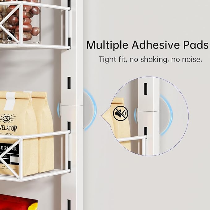 MIAOLI Over the Door Organizer, White 6-Tier Pantry Door Organizer with Adjustable Basket, Hanging Spice Rack Cabinet Door Shelves, Laundry Room Organization and Storage