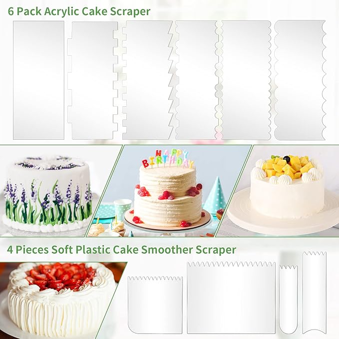 10 PCS Cake Scraper Smoother Set, Acrylic Cake Smoother For Icing 6PCS with 11 Patterns Edge and 4 Soft Plastic Cake Frosting Smoother Scraper, Icing Smoother For Cream Cake Decorating