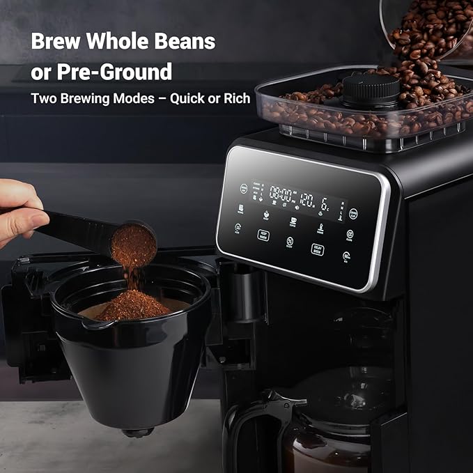 Gevi 10 Cup Drip Coffee Maker with Built-in Grinder, Grind & Brew Burr Combo Coffee Machine with Touch Screen, Programmable, 4-Hour Warm Plate, Permanent Filter, Coffee Carafe