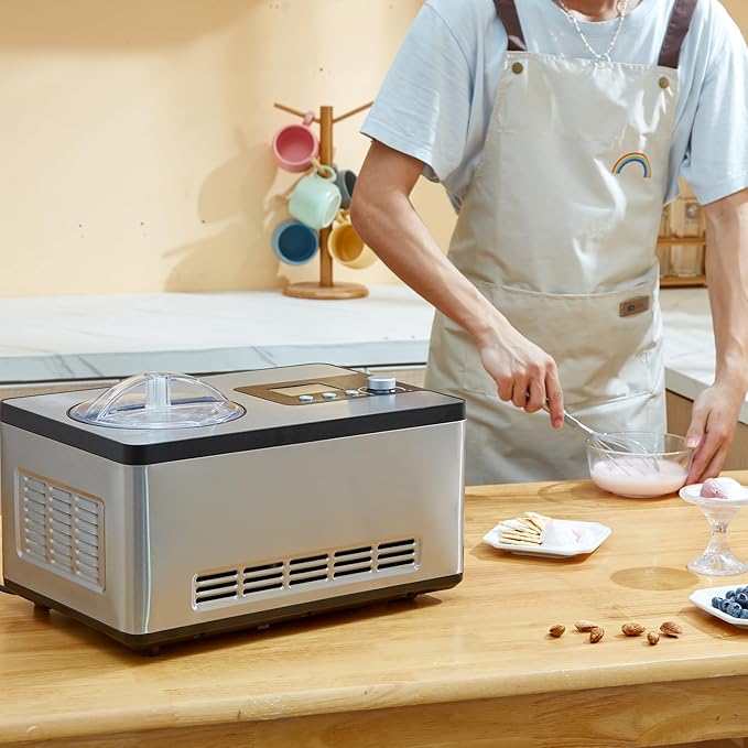 VEVOR Automatic Ice Cream Maker with Built-in Compressor, 2 Quart No Pre-freezing Fruit Yogurt Machine, Stainless Steel Electric Sorbet Maker, 3 Modes Gelato Maker with LCD Display & Timer, Silver