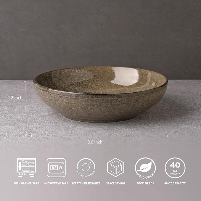 famiware Tempus Pasta Bowls Set of 4, 40 oz Bowls for Kitchen, Stoneware Deep Serving Bowls, Dishwasher & Microwave Safe Bowls for Cereal, Salad, Soup, Dessert etc - Dark Olive