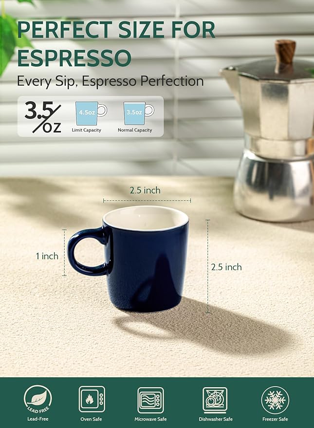Sweese 3.5oz Porcelain Espresso Cups Set of 4, Mini Coffee Mugs Demitasse Cups - Navy