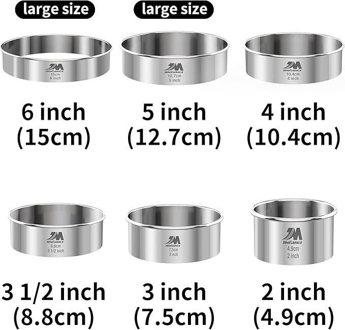 M JNGMEI 6 Pieces Stainless Steel Cookie Cutter Set 2'', 3'',3.5'', 4'',5''and6'' Biscuit Plain Edge Round Cutters large Sizes Shape Molds Ranging from 2-6 Inches GIFT PACKAGE