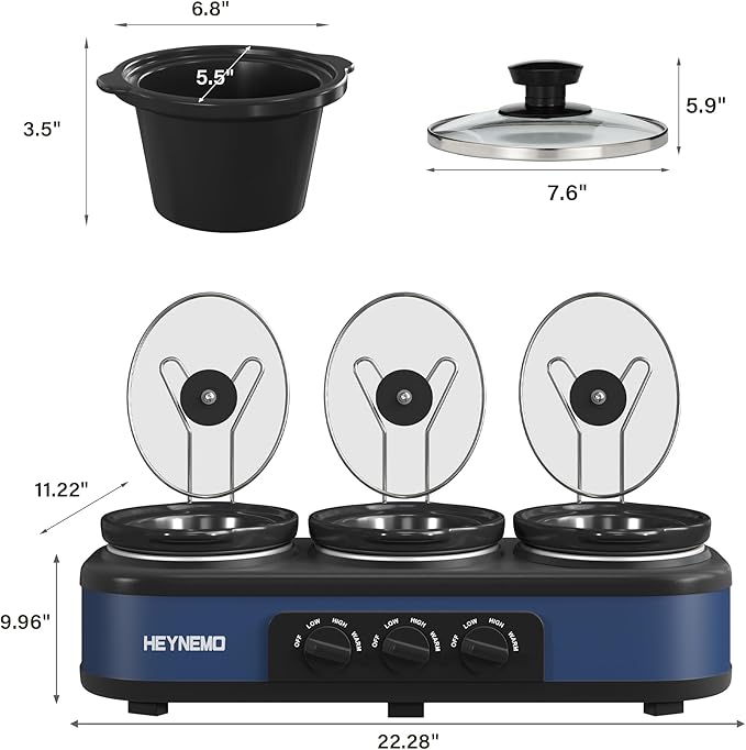 Triple Slow Cooker, 3×1.5 QT Buffet Servers and Warmers, 3 Pots Buffet Slow Cooker Adjustable Temp Lid Rests Stainless Steel Manual Silver for Parties Holidays Families,Blue