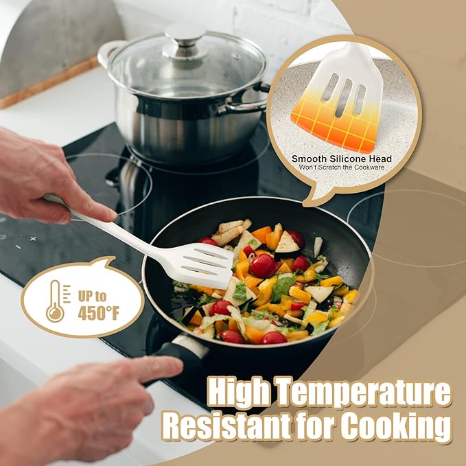 TeamFar Silicone Cooking Utensils Set, Kitchen Utensils Set of 6 for Non-stick Cookware, for Cooking/Turning/Stirring/Mixing, Healthy & One-Piece, Heat Resistant & Non-Scratch, Dishwasher Safe, White