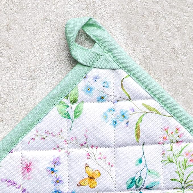 Maison d' Hermine Pot Holders 100% Cotton Heat Resistant Potholders 8" x 8" Hot Pads with Loop BBQ, Cooking, Baking, Grilling, Kitchen, Handling Hot Pans Spring/Summer (Pack of 1, Just Floral)