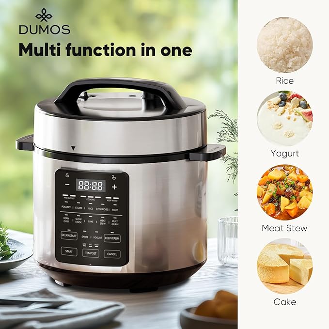 DUMOS 12-in-1 Electric Pressure Cooker 6 QT Stainless Steel Multi Cooker Electric for Pressure, Rice, Steamer, Yogurt Maker, Slow Cook,Meat Stew, Cake, Porridge, Multigrain, Sliver