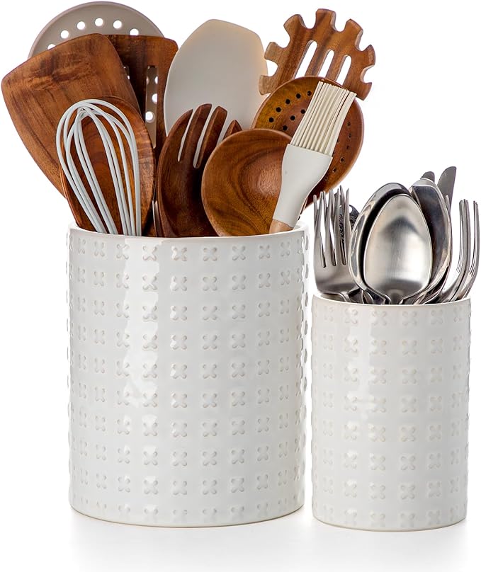 Dual Sizes Utensil Holder - 7.2"+5.4" Ceramic Utensil Holder for Kitchen Counter, Large Utensil Crock, Cooking Utensils Organizer for Spatula, Farmhouse Embossed Vase for Housewarming, Kitchen Decor