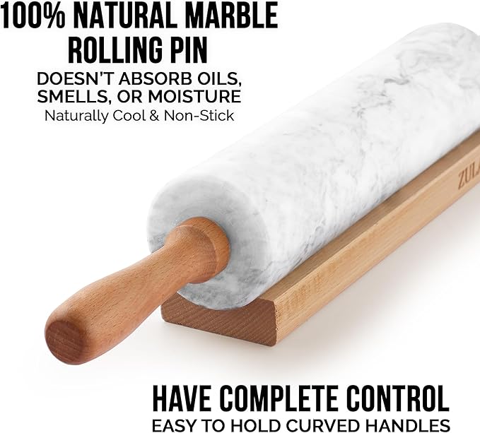 Zulay Kitchen 17-Inch Marble Rolling Pin With Stand - Polished Marble Rolling Pins For Baking With Long Beechwood Handle - Non-stick Roller Pin For Baking Pastries, Bread & Pizza
