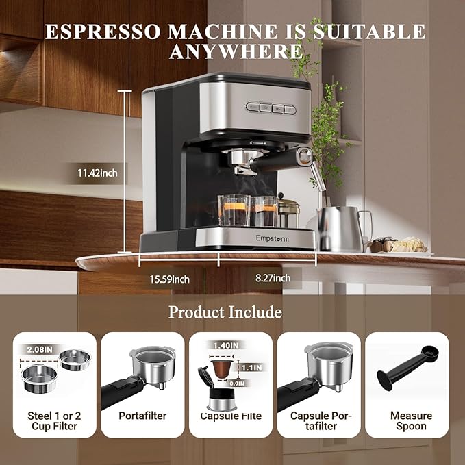 20 Bar Espresso Machine, Cappuccino Machines with Milk Frother Steam Wand, Latte Machine for Home&Barista, Automatic Shut-off Function