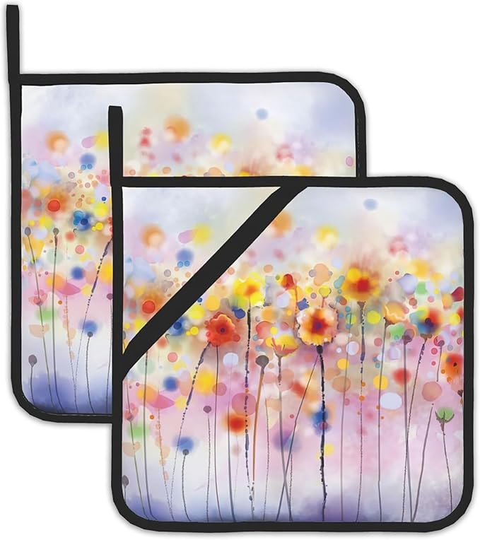 Abstract Florl Pot Holders Set of 2, Kitchen Heat Resistant Potholder for Microwave Cooking Baking Oven End Dishes and BBQ
