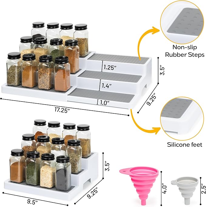 Pack of 2, Expandable 3 Tiered Spice Rack Organizer for Cabinet and Kitchen Pantry Shelf - Non-Slip Shelves for Spices, Seasoning, Canned Food, Medicine Cabinet Organizer - Includes Silicone Funnels