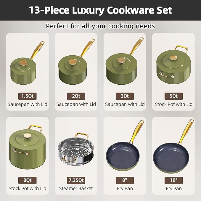 Nuwave Lux LE 13-Pc Cookware Set with Elegant Gold Handle, Diamond Infused Ceramic Non-Stick, PFAS Free, Premium Metal Lids, Ergonomic Stay-Cool Handles, Induction Ready & Compatible w/All Cooktops