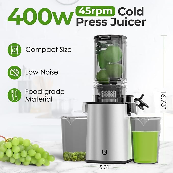 Cold Press Juicer, 5.3" Wide Feed Chute Juice Extractor Machine with 400W, High Juice Yield, Slow Masticating Juicer for Whole Vegetables & Fruits, Stainless Steel