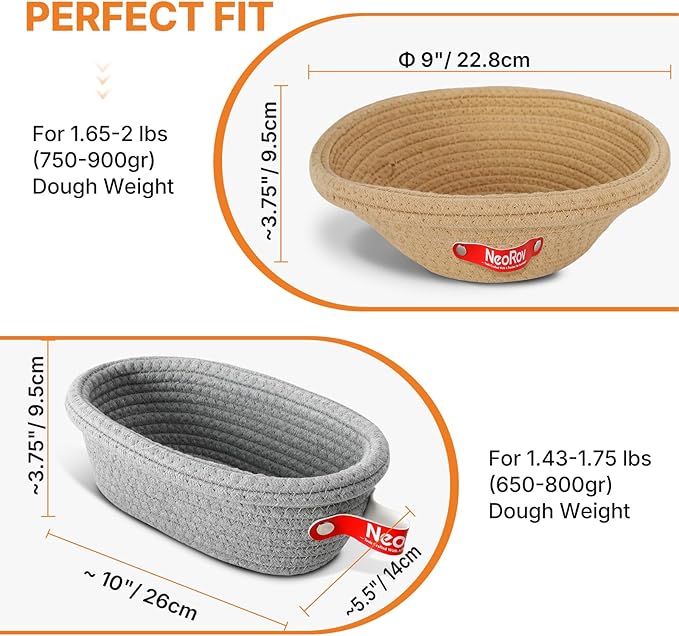 Banneton Bread Proofing Basket Set - Oval & Round Sourdough Proofing Baskets - Sourdough Proofing Bowls Bread Baking Supplies With Liner & Cloth Cover - Cotton Rope Banneton Basket for Baking