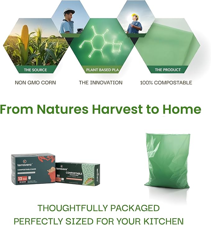 13 Gallon Compostable Trash Bags - Handle Tie | Extra Thick 1 mil|BPI & OK Home Certified ASTM D6400 Standards | Food Scraps, Kitchen Trash, Home & Yard Waste Bags | 30 Count compost bags