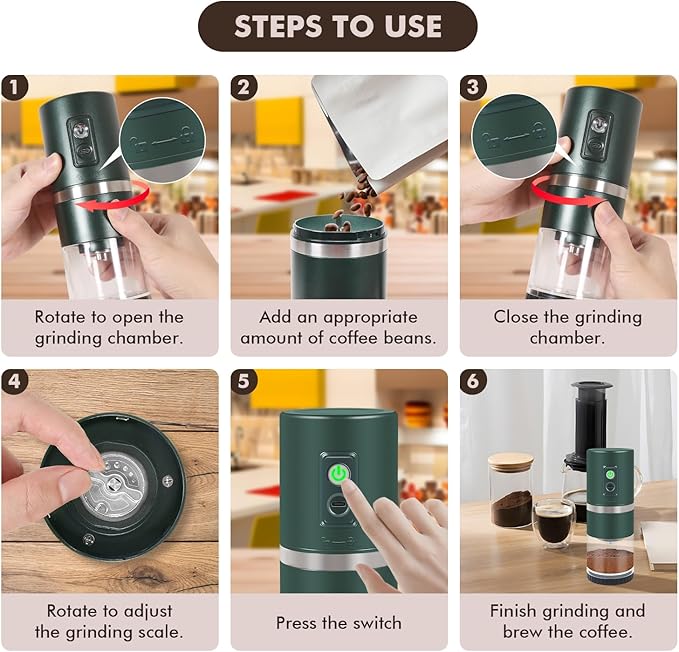 Portable Electric Coffee Grinder Stainless Steel Conical Burr Coffee Grinder with 45 Adjustable Settings Rechargeable Coffee Bean Grinder for Home, Travel, Camping, Office-Dark Green