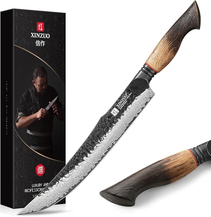 XINZUO 10 Inch Brisket Carving Knife,67-Layer Damascus Steel,Razor Sharp Curved Butcher Breaking Knives For Meat Cutting With White Oak + Red G10 Gasket Handle
