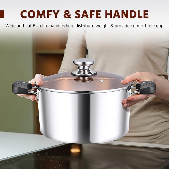 E-far 6-Qt Stainless Steel Stock Pot, Triply Stockpot with Lid for Cooking Simmering Soup Stew, Heavy Duty Cookware Works w/Induction, Non-toxic & Corrosion Resistant, Dishwasher Safe