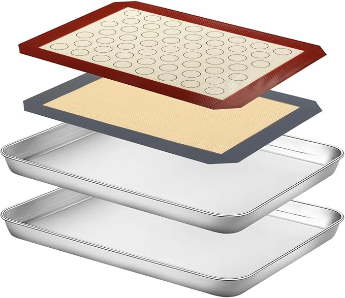 Baking Sheet with Silicone Mat Set of 4, Stainless Steel Cookie Sheet Baking Pan Tray with Silicone Mat, Non Toxic & Heavy Duty & Easy Clean - Size of 12 inch