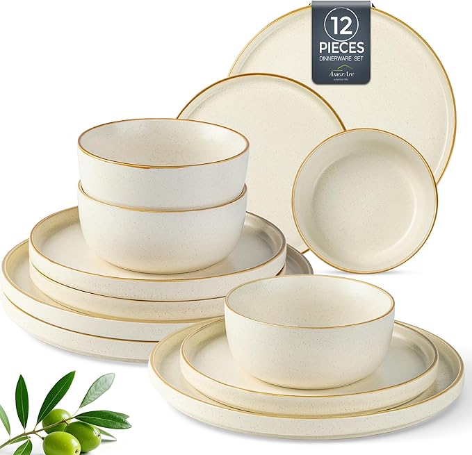 AmorArc Stoneware Dinnerware Sets for 4,Reactive Ceramic Plates and Bowls Set,Highly Chip and Crack Resistant | Dishwasher & Microwave Safe | Round Dishes Set Service for 4 (12pc)