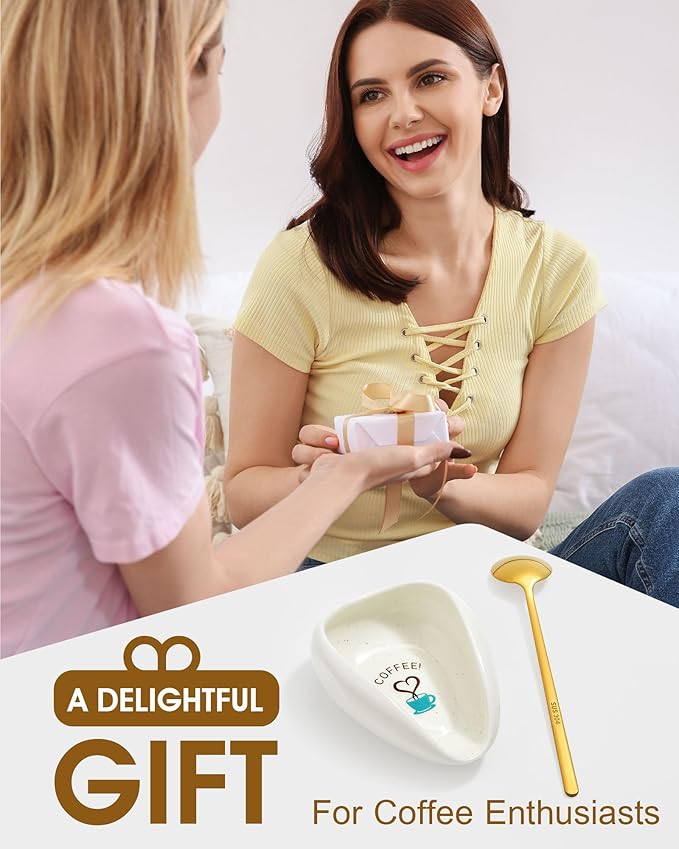 FANGSUN Spoon Rest with Gold Coffee Spoon, Ceramic Spoon Holder for Kitchen Counter, Teaspoon Rest for Stove Top, Cute Coffee Bar & Corner Space Accessories