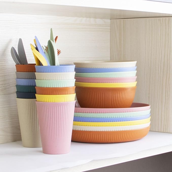 Wheat Straw Dinnerware Set, 36pcs Dishes Plates and Bowls Sets, Service for 6, Reusable Dinnerware Set Kitchen Cups Plates and Bowls Sets