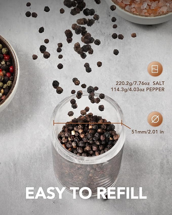 Sangcon Gravity Electric Salt and Pepper Grinder Set with Dust Cover, XL CAPACITY, Battery Operated(4 AAA), Adjustable Coarseness, One Hand Automatic Salt and Pepper Shakers Set Mill with LED Light