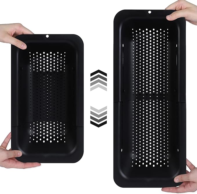 BLUE GINKGO Over the Sink Colander Strainer Basket - Wash Vegetables and Fruits, Drain Cooked Pasta and Dry Dishes - Extendable - New Home Kitchen Essentials - Black