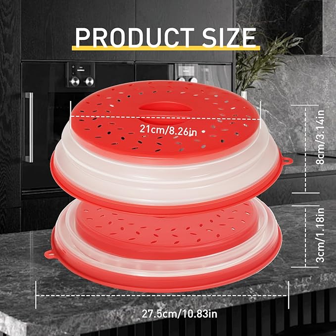 Collapsible Microwave Splatter Cover, Vented Microwave Lid with Hook Hole, Splatter Guard for Plate Dish Bowl, Vegetable Fruit Colander Multi-function Kitchen Gadget, BPA-Free (Red)