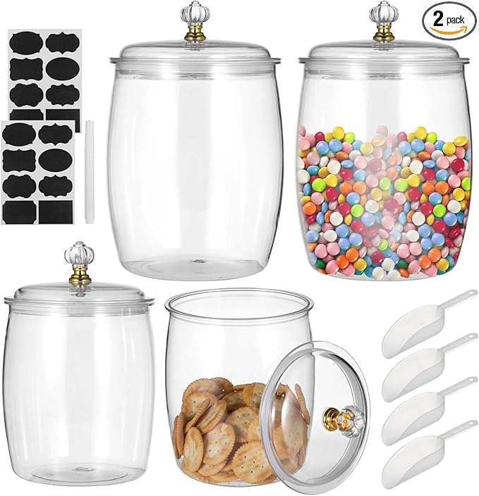 Plastic Storage Jars with Lids for Food, 2.2L x 2PCS, 3.8L x 2PCS, Multi-Functional Airtight Containers with Labels, Scoops, Stickers for Grains Nuts Snacks