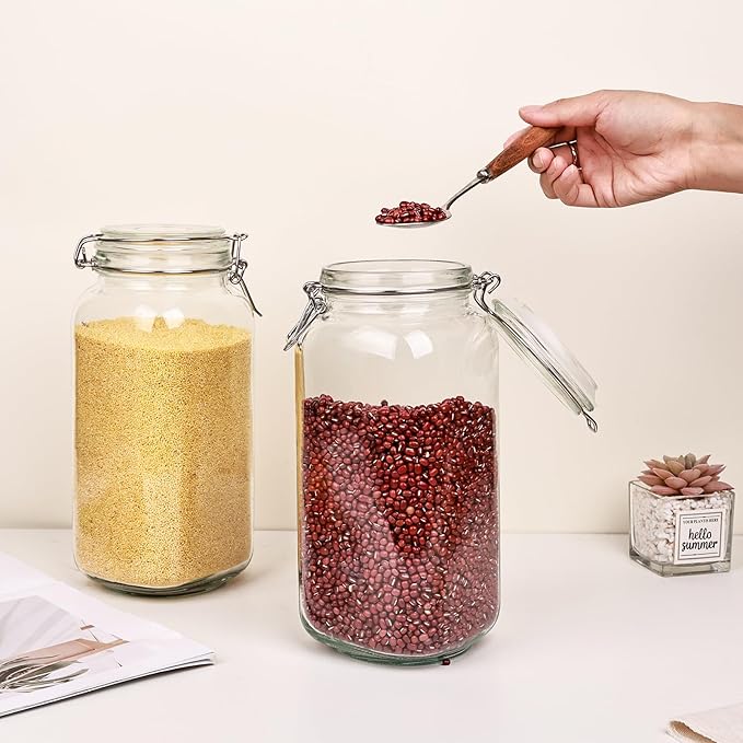 78oz Glass Food Storage Jars with Airtight Clamp Lids, 3 Pack Wide Mouth Large Kitchen Canisters for Flour, Cereal, Beans, Pasta and Canning, Square Mason Jar with Labels