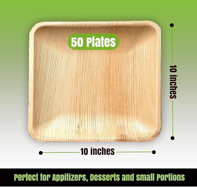 Palm Leaf Plates 10 Inch (50-Pack), Square Bamboo Plates Disposable, Heavy Duty Compostable & Biodegradable Wooden Plates for Party, Catering Events, Weddings, & Dinnerware